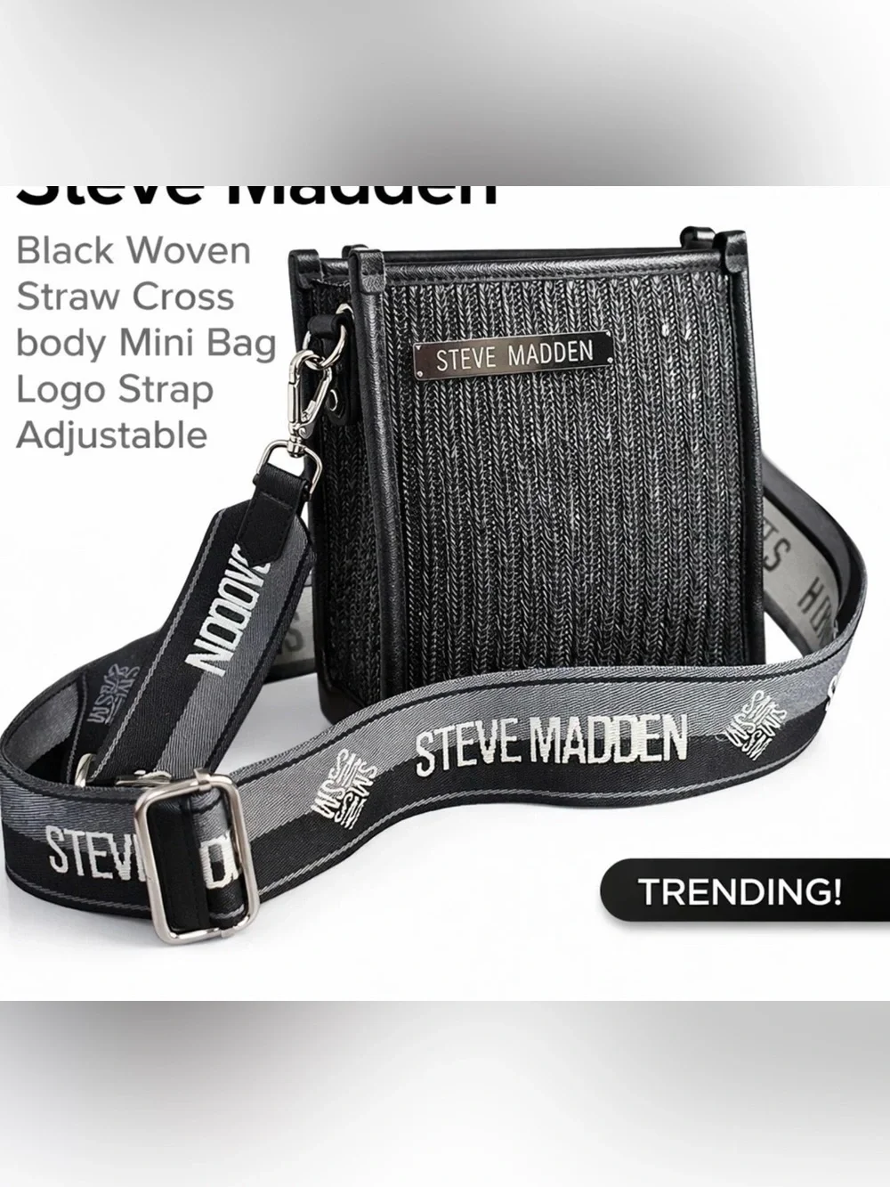 Steve Madden Black Woven Crossbody Bag with Logo Strap